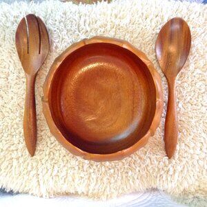 VINTAGE MCM Salad Serving Set; Monkey Pod Wood, Hawaiian; Mid Century Dinnerware